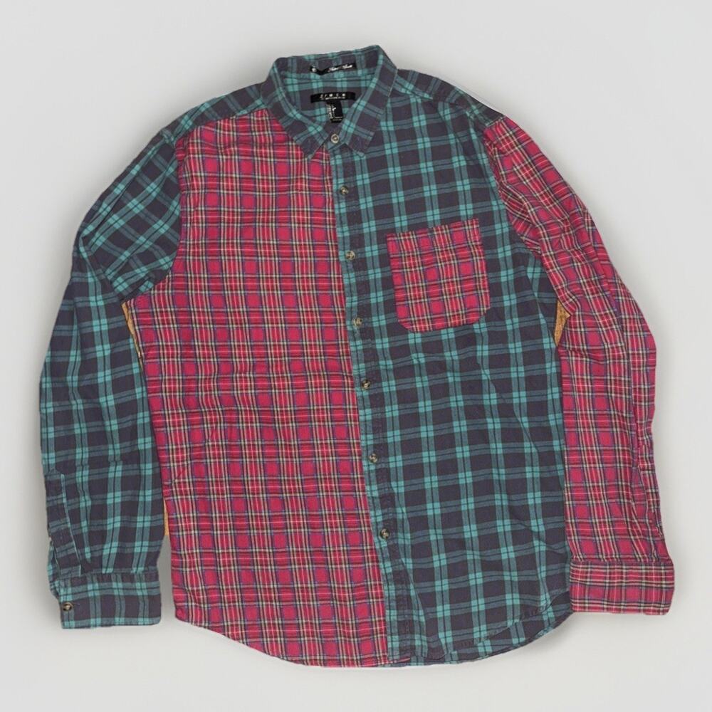 Forever 21 Men’s Patchwork Flannel Shirt Red Green Plaid Large 21x27 Streetwear